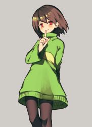 Rule 34 | 1girl, androgynous, bad id, bad pixiv id, black pantyhose, brown hair, chara (undertale), closed mouth, commentary request, dress, finger to mouth, legs, looking at viewer, no pants, oshiruko (tsume), overalls, pantyhose, red eyes, shirt, short hair, smile, solo, striped clothes, striped shirt, striped sweater, sweater, sweater dress, undertale