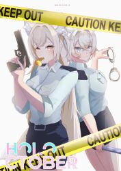 Rule 34 | 2girls, animal ear fluff, animal ears, black skirt, blonde hair, blue eyes, blue hair, blush, cuffs, dog ears, dog girl, dog tail, fuwawa abyssgard, gun, handcuffs, holding, holding gun, holding handcuffs, holding weapon, hololive, hololive english, long hair, looking at viewer, medium hair, meldrik, mococo abyssgard, mouth hold, multicolored hair, multiple girls, pink eyes, pink hair, police, police uniform, siblings, sidelocks, sisters, skirt, smile, streaked hair, tail, twins, two side up, uniform, virtual youtuber, weapon
