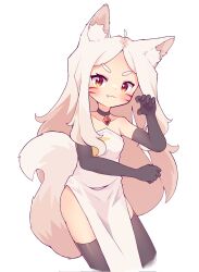 Rule 34 | 1girl, :3, ahoge, animal ear fluff, animal ears, bare shoulders, black choker, black gloves, black thighhighs, blush, choker, claw pose, crescent print, dot nose, dress, elbow gloves, facial mark, fang, fox ears, fox girl, fox tail, gloves, highres, jewelry, kazumiskill, large tail, long hair, looking at viewer, parted hair, pelvic curtain, red eyes, sewayaki kitsune no senko-san, shiro (sewayaki kitsune no senko-san), short eyebrows, sidelocks, smug, standing, strapless, strapless dress, tail, thick eyebrows, thighhighs, v-shaped eyebrows, whisker markings, white hair, white tail, zettai ryouiki