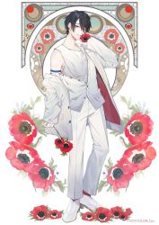 Rule 34 | 1boy, anemone (flower), arm strap, black hair, closed mouth, copyright notice, dress shirt, eyes visible through hair, floral background, flower, full body, hair between eyes, hand to own mouth, highres, holding, holding flower, jacket, looking at viewer, male focus, michikake16, nijisanji, off shoulder, official art, pants, partially unbuttoned, red eyes, red flower, red legwear, shirt, shoes, short hair, sleeves past wrists, solo, standing, tank top, undershirt, virtual youtuber, white background, white footwear, white jacket, white pants, white shirt, white tank top, yumeoi kakeru