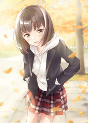 1girl autumn_leaves black_jacket blurry blurry_background blush brown_eyes brown_hair collarbone commentary_request day depth_of_field hands_in_pockets highres hood hood_down hoodie jacket leaf leaning_forward long_sleeves looking_at_viewer open_clothes open_jacket open_mouth original outdoors plaid_clothes plaid_skirt pleated_skirt red_skirt school_uniform skirt solo white_hoodie yukimaru217