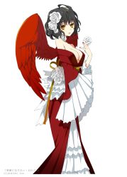 Rule 34 | 1girl, black hair, bow, breasts, character request, eiyuu ni naritai!, feathered wings, feathers, flower, frilled kimono, frills, full body, hair flower, hair ornament, holding, holding flower, japanese clothes, kimono, looking at viewer, mami (apsaras), messy hair, nail polish, obi, off shoulder, official art, red nails, red wings, ribbon, rose, sash, short hair, simple background, sleeves past wrists, solo, standing, white background, white rose, wings, yellow eyes