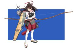 Rule 34 | 10s, 1girl, akagi (kancolle), bow (weapon), brown eyes, brown hair, flight deck, food, headband, highres, japanese clothes, kantai collection, kinosuke (sositeimanoga), long hair, md5 mismatch, muneate, onigiri, outside border, pleated skirt, simple background, skirt, smile, solo, thighhighs, weapon, white thighhighs, zettai ryouiki