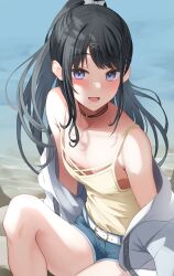 Rule 34 | 1girl, absurdres, belt buckle, black hair, blush, breasts, buckle, camisole, choker, collarbone, denim, denim shorts, highres, idolmaster, idolmaster shiny colors, jacket, kazano hiori, looking at viewer, mole, mole under mouth, no bra, o-ring, o-ring choker, outdoors, ponytail, purple eyes, pyonsan, shorts, small breasts, smile, solo, white jacket, yellow camisole