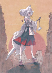 Rule 34 | 1girl, animal ears, character name, cliff, closed mouth, commentary, copyright name, detached sleeves, full body, geta, hat, highres, holding, holding sword, holding weapon, inubashiri momiji, looking at viewer, medium hair, mountain, pleated skirt, red eyes, red hat, red skirt, satyuas, shirt, sideways glance, skirt, sleeveless, sleeveless shirt, socks, solo, standing, sword, tail, tengu-geta, tokin hat, touhou, turtleneck, weapon, white sleeves, white socks, wolf ears, wolf girl, wolf tail