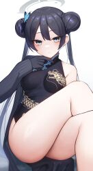Rule 34 | 1girl, black dress, black gloves, black hair, blue archive, breasts, butterfly hair ornament, china dress, chinese clothes, crossed legs, double bun, dragon print, dress, gloves, grey eyes, grey halo, hair bun, hair ornament, halo, highres, hoshimiya aki, jacket, kisaki (blue archive), legs, long hair, looking at viewer, medium breasts, print dress, revision, sleeveless, sleeveless dress, solo, striped clothes, striped jacket, thighs, twintails, vertical-striped clothes, vertical-striped jacket