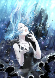 Rule 34 | 1girl, air bubble, asphyxiation, breath, bubble, blowing bubbles, collarbone, drowning, closed eyes, hatsune miku, highres, looking up, neeta, open mouth, shinkai shoujo (vocaloid), solo, submerged, underwater, vocaloid, wet, wet clothes