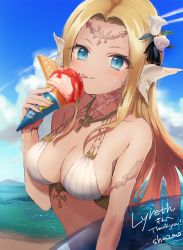 Rule 34 | 1girl, bare arms, bare shoulders, bikini, blonde hair, blue eyes, blue sky, blush, breasts, cleavage, closed mouth, cloud, collarbone, commentary, commission, day, fins, food, head fins, headpiece, highres, holding, holding food, ice cream, ice cream cone, innertube, long hair, looking at viewer, medium breasts, original, outdoors, parted bangs, sha2mo, skeb commission, sky, smile, solo, swim ring, swimsuit, tongue, tongue out, transparent, upper body, very long hair, white bikini
