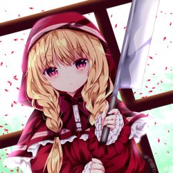 Rule 34 | 1girl, basket, blonde hair, braid, cloud, cloudy sky, commentary request, dress, hair between eyes, holding, little red riding hood, little red riding hood (grimm), long sleeves, looking at viewer, nanase nao, petals, railing, red dress, red eyes, red hood, sky, solo, twin braids
