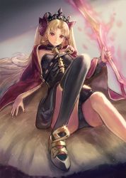 Rule 34 | 1girl, black dress, black thighhighs, blonde hair, cape, detached sleeves, dress, earrings, ereshkigal (fate), fate/grand order, fate (series), gold trim, hair ribbon, highres, holding, holding weapon, jewelry, kuroi susumu, long hair, looking at viewer, lying, on back, red cape, red eyes, ribbon, single detached sleeve, single thighhigh, thighhighs, tiara, weapon