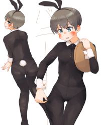 Rule 34 | 1girl, animal ears, ass, blue eyes, blush, bodystocking, breasts, rabbit ears, rabbit tail, fake animal ears, female focus, from behind, grey hair, highres, kaju 4, looking back, original, short hair, small breasts, solo, tail, thigh gap