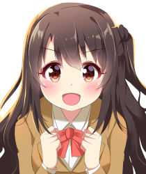 Rule 34 | 1girl, :d, blush, bow, bowtie, brown eyes, brown hair, brown jacket, collared shirt, commentary, hands up, highres, idolmaster, idolmaster cinderella girls, ikazu401, jacket, long hair, long sleeves, looking at viewer, one side up, open mouth, red bow, red bowtie, shimamura uzuki, shirt, simple background, smile, solo, upper body, white background, white shirt, wing collar