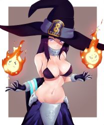 Rule 34 | 1girl, bikini, bikini top only, black bikini, black bra, black hair, bra, breasts, brown background, cleavage, collar, commentary, en&#039;en no shouboutai, fire, gloves, groin, hat, highres, large breasts, long hair, looking at viewer, maki oze, moonuz, navel, no panties, o-ring, o-ring bikini, purple eyes, shiny skin, simple background, solo, swimsuit, thighhighs, underwear, wide sleeves, witch, witch hat