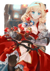Rule 34 | 2boys, 2girls, absurdres, armor, armored dress, black thighhighs, blonde hair, blue eyes, blue hair, blush, brown hair, character request, chibi, copyright name, dress, eyelashes, facing viewer, gauntlets, hair intakes, highres, long hair, looking at viewer, mixed-language commentary, multiple boys, multiple girls, nadir, red dress, red hair, scarlett (unicorn overlord), solo focus, standing, thighhighs, unicorn overlord