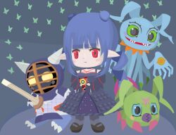 Rule 34 | blue hair, curly hair, digimon, dizzy dokuro, dress, drill hair, keramon, kotemon, phase connect, pointy ears, red eyes, virtual youtuber, wormmon