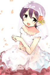 Rule 34 | 1girl, :d, antenna hair, bridal veil, dress, fingernails, flower, hair flower, hair ornament, hand up, highres, hota, jewelry, kantai collection, looking at viewer, open mouth, petals, purple hair, red flower, red rose, ring, rose, sakawa (kancolle), short hair, short sleeves, smile, solo, veil, wedding band, wedding dress, white background, white dress, yellow eyes