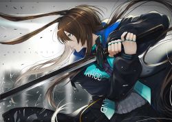 Rule 34 | 1girl, amiya (arknights), animal ears, arknights, ascot, black jacket, black skirt, blue eyes, blurry, blurry background, brown hair, closed mouth, commentary, copyright name, depth of field, hair between eyes, highres, holding, holding sword, holding weapon, jacket, jewelry, long hair, long sleeves, looking away, marumoru, open clothes, open jacket, ponytail, profile, puffy long sleeves, puffy sleeves, purple ascot, rabbit ears, ring, shirt, skirt, sleeves past wrists, solo, sword, two-handed, very long hair, weapon, white shirt