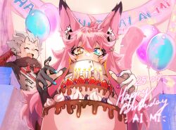 Rule 34 | 1boy, 1girl, ahichiru, ai.mi (omega strikers), animal ear fluff, animal ears, balloon, birthday, birthday cake, birthday party, blue eyes, cake, candle, cat ears, cat tail, chocolate, english text, fang, food, gloves, grey hair, hand on own head, happy birthday, highres, horns, long hair, nail polish, omega strikers, open mouth, pink hair, tail, yellow eyes, zentaro (omega strikers)