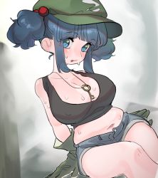 Rule 34 | 1girl, blue eyes, blue hair, breasts, cleavage, collarbone, covered erect nipples, denim, denim shorts, frogsnake, gloves, green gloves, green hat, hat, huge breasts, kawashiro nitori, looking at viewer, navel, oppai loli, plump, short shorts, shorts, sitting, solo, stomach, sweat, touhou, twintails