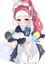 Rule 34 | 1girl, absurdres, apron, barefoot, black footwear, blue archive, blue bow, blue bowtie, blush, bow, bowtie, bucket, closed mouth, commentary request, embarrassed, forehead, grey eyes, halo, highres, long hair, looking at viewer, maid, maid apron, maid headdress, official alternate costume, red hair, sacha, shoes, simple background, sitting, solo, water, wet, white background, yuzu (blue archive), yuzu (maid) (blue archive)