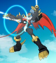 Rule 34 | armor, cannon, claws, cloud, digimon, digimon (creature), digimon world x, energy, highres, horns, imperialdramon, imperialdramon fighter mode, sky, solo, wings