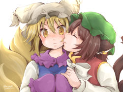 Rule 34 | 2girls, animal ears, animal hat, blonde hair, blush, bow, bowtie, breasts, brown hair, cat ears, cat tail, chen, closed eyes, commentary request, fox ears, fox tail, frills, gold trim, hanabi (karintou15), hat, kiss, large breasts, mob cap, multiple girls, multiple tails, nekomata, mob cap, profile, red vest, short hair, simple background, tabard, tail, touhou, two tails, upper body, vest, white background, white neckwear, yakumo ran, yellow eyes, yuri