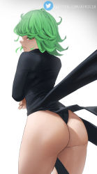 Rule 34 | 1girl, artist name, ass, ass focus, atric18, bad id, bad pixiv id, black dress, black panties, closed mouth, crossed arms, curly hair, dress, female focus, from behind, green eyes, green hair, highres, huge ass, looking at viwer, looking back, matching hair/eyes, one-punch man, panties, short hair, simple background, solo, tatsumaki, thick thighs, thighs, thong, twitter logo, twitter username, underwear, watermark, web address, white background