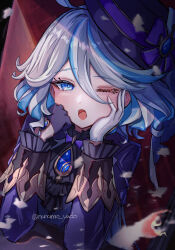 Rule 34 | 1girl, ;o, asymmetrical gloves, black gloves, blue eyes, blue hair, blue headwear, blue jacket, brooch, furina (genshin impact), genshin impact, gloves, highres, jacket, jewelry, long sleeves, looking at viewer, mismatched gloves, multicolored hair, nanamo yado, one eye closed, open mouth, short hair, solo, streaked hair, upper body, white gloves, white hair