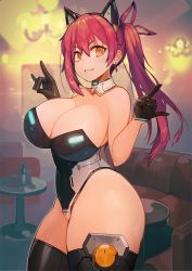 Rule 34 | 1girl, animal ears, ass, bare shoulders, black gloves, black thighhighs, blush, bottle, breasts, cat ears, cleavage, commission, couch, curvy, detached collar, gloves, hair ribbon, hands up, harusame-r, headgear, large breasts, leotard, long hair, looking at viewer, orange eyes, original, parted lips, red hair, ribbon, skeb commission, smile, solo, table, thick thighs, thighhighs, thighs, twintails, wine bottle