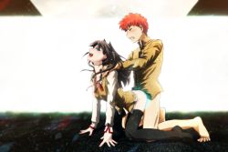 Rule 34 | 1boy, 1girl, all fours, ass, barefoot, black bow, black thighhighs, blue eyes, bottomless, bow, brown hair, clenched teeth, closed eyes, doggystyle, emiya shirou, fate/stay night, fate (series), feet, from behind, genya (genya67), hair bow, happy sex, heavens feel, hetero, highres, homurahara academy school uniform, kneeling, looking back, no shoes, open mouth, red hair, school uniform, sex, sex from behind, shoulder grab, teeth, thighhighs, toes, tohsaka rin