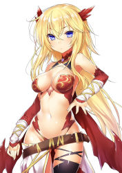 Rule 34 | 1girl, 47agdragon, asymmetrical legwear, bare shoulders, belt, belt buckle, black thighhighs, blonde hair, blue eyes, blush, breasts, brown belt, buckle, closed mouth, commentary request, dragon horns, fingernails, hair between eyes, highres, horns, long hair, looking at viewer, medium breasts, navel, original, revealing clothes, simple background, single thighhigh, solo, thighhighs, uneven legwear, v-shaped eyebrows, very long hair, white background