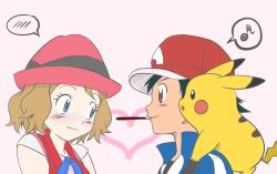 Rule 34 | 1boy, 1girl, artist request, ash ketchum, baseball cap, blue eyes, blush, brown hair, creatures (company), embarrassed, food, food in mouth, game freak, gen 1 pokemon, hat, heart, highres, looking at another, musical note, nintendo, pikachu, pocky, pokemon, pokemon (anime), pokemon (creature), pokemon xy, quaver, serena (pokemon), short hair, sleeveless, speech bubble, spoken blush, spoken musical note, wavy mouth