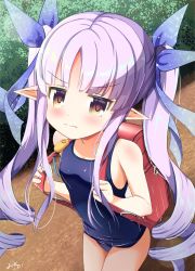 Rule 34 | 1girl, backpack, bag, blue one-piece swimsuit, blush, brown eyes, crime prevention buzzer, drill hair, embarrassed, foliage, frown, hair ribbon, hat, highres, inakami, kyouka (princess connect!), long hair, looking at viewer, one-piece swimsuit, outdoors, pointy ears, princess connect!, purple hair, randoseru, ribbon, school hat, school swimsuit, solo, split mouth, standing, swimsuit, twin drills, twintails, v-shaped eyebrows, very long hair