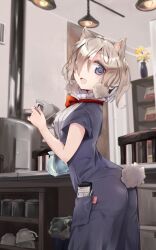 Rule 34 | 1girl, :d, alpaca ears, alpaca suri (kemono friends), alpaca tail, alternate costume, animal ear fluff, animal ears, ass, blue eyes, bow, bowtie, chair, clothing cutout, commentary, counter, cup, from side, grey hair, hair over one eye, highres, horizontal pupils, indoors, kemono friends, looking at viewer, looking to the side, nanana (nanana iz), open mouth, pen, plant, pocket, potted plant, red bow, red bowtie, short hair, short sleeves, smile, solo, tail, tail through clothes, trash can