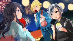 Rule 34 | 1girl, 2boys, :d, aerial fireworks, ahoge, black hair, black kimono, blonde hair, blue eyes, blue kimono, blue pants, blush, candy apple, closed eyes, closed mouth, crying, crying with eyes open, fang, fingernails, fireworks, food, hair between eyes, highres, holding, holding food, hot dog, izumo kasumi (nijisanji), japanese clothes, jewelry, kamiyoshi rika, kimono, long hair, long sleeves, multicolored hair, multiple boys, night, night sky, nijisanji, nose blush, obi, open mouth, outdoors, pants, profile, ring, sash, shaved ice, silver hair, sky, smile, standing, streaked hair, striped clothes, striped kimono, suzuki masaru, tears, uzuki kou, vertical-striped clothes, vertical-striped kimono, virtual youtuber, wide sleeves
