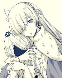 Rule 34 | 1girl, abe inori, anastasia (fate), commentary request, crown, doll, hugging doll, dress, fate (series), hair ornament, hair over one eye, hairband, holding, holding doll, long hair, long sleeves, looking at viewer, mini crown, hugging object, parted lips, ribbon, royal robe, signature, simple background, solo, sparkle, striped, upper body