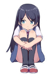 Rule 34 | 1girl, black hair, black socks, blue dress, blue eyes, chikuwa (majihima), collared shirt, commentary request, dress, full body, hugging own legs, kneehighs, long hair, looking away, looking to the side, original, red neckwear, shirt, shoes, short sleeves, simple background, sitting, socks, solo, uwabaki, very long hair, white background, white footwear, white shirt