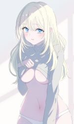 1girl blonde_hair blue_eyes blush breasts clothes_lift grey_shirt hair_between_eyes highres long_sleeves looking_at_viewer medium_breasts navel open_mouth original panties shirt shirt_lift solo stomach underwear watano_yuki white_panties