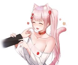 Rule 34 | 1girl, 1other, :3, absurdres, ame 816, animal ear fluff, animal ears, arm grab, black shirt, breasts, cat ears, cat girl, cat tail, cleavage, collar, collarbone, commission, closed eyes, fang, flower, hair ornament, highres, large breasts, long sleeves, off-shoulder shirt, off shoulder, one side up, open mouth, original, out of frame, pink theme, poking, shirt, simple background, tail, tears, upper body, white background, white shirt