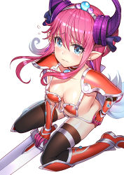 Rule 34 | 1girl, armor, armored boots, asymmetrical horns, bikini, bikini armor, black thighhighs, blue eyes, boots, breasts, choker, detached sleeves, dragon tail, elizabeth bathory (brave) (fate), elizabeth bathory (fate), elizabeth bathory (fate/extra ccc), elizabeth bathory (halloween caster) (fate), fate/grand order, fate (series), flat chest, flying sweatdrops, horns, knee boots, long hair, looking at viewer, oversized clothes, pauldrons, pink hair, pointy ears, red armor, red bikini, red footwear, ririko (zhuoyandesailaer), shoes, shoulder armor, spiked shoes, spikes, standing, string bikini, swimsuit, tail, tears, thighhighs, tiara, two side up, uneven horns, white background