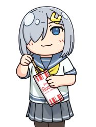 Rule 34 | 1girl, black pantyhose, blue eyes, brand name imitation, commentary request, cowboy shot, food, grey sailor collar, grey skirt, hair ornament, hair over one eye, hairclip, hama! (3toshinhmkz), hamakaze (kancolle), kantai collection, looking at viewer, neckerchief, no nose, packet, pantyhose, pleated skirt, pocky, sailor collar, school uniform, serafuku, short hair, silver hair, simple background, skirt, smile, solo, white background, yellow neckerchief