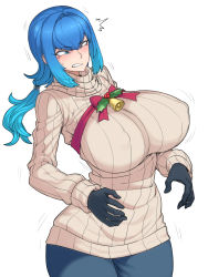 Rule 34 | 1girl, ^^^, bell, black gloves, blue eyes, blue hair, blush, bow, breasts, clenched teeth, covered erect nipples, cowboy shot, female focus, from side, gloves, gradient hair, hair tie, highres, holly, huge breasts, long hair, long sleeves, looking down, low ponytail, matching hair/eyes, mistletoe, motion lines, multicolored hair, original, ponytail, ribbed sweater, ribbon, sidelocks, simple background, solo, spacezin, sweatdrop, sweater, teeth, thighs, turtleneck, white background, wide hips, zoe (spacezin)