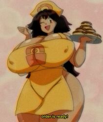 Rule 34 | 1990s (style), 1girl, apron, bread, breasts, brown hair, bursting breasts, cleavage, commission, covered erect nipples, curvy, dark skin, doughnut, english text, female focus, food, hat, highres, holding, holding plate, huge breasts, lueduar, naked apron, one eye closed, open mouth, plate, retro artstyle, salute, shiny skin, solo, subtitled, taut clothes, thick thighs, thighs, triangle mouth, wide hips, wink, yellow apron