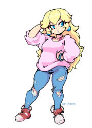 Rule 34 | 1girl, baggy clothes, blonde hair, blue eyes, casual, commentary, dan heron, denim, earrings, english commentary, full body, hand on own hip, jeans, jewelry, long hair, mario (series), nintendo, no headwear, pants, pink sweater, princess peach, retro artstyle, scrunchie, shoes, sneakers, solo, standing, sweater, torn clothes, torn jeans, torn pants, white background, wrist scrunchie
