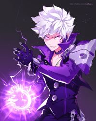 Rule 34 | 1boy, add (elsword), bracelet, chain, choker, clenched hand, collared shirt, elsword, energy, epaulettes, facial tattoo, gloves, grin, highres, jewelry, lunatic psyker (elsword), necklace, pixel (monorainy), purple eyes, purple shirt, shirt, smile, tattoo, vest, white hair