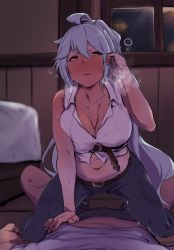Rule 34 | 1girl, belt, blush, breasts, cleavage, girl on top, granblue fantasy, large breasts, looking at viewer, midriff, monchan rev3, navel, nipples, ponytail, pubic hair, silva (granblue fantasy), silver hair, straddling