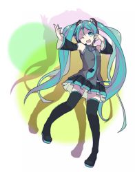 Rule 34 | 1girl, aoi koto madoka, aqua eyes, aqua hair, bad id, bad pixiv id, boots, detached sleeves, hatsune miku, headset, long hair, necktie, one eye closed, open mouth, skirt, solo, thigh boots, thighhighs, twintails, very long hair, vocaloid, wink