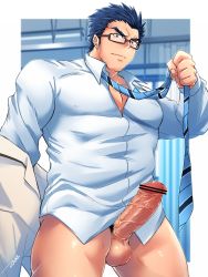 Rule 34 | 1boy, bar censor, bara, blue necktie, bottomless, censored, collared shirt, covered erect nipples, erection, formal, glasses, hair slicked back, highres, large pectorals, large penis, looking at viewer, male focus, male pubic hair, mature male, muscular, muscular male, necktie, original, paid reward available, partially unbuttoned, pectoral cleavage, pectorals, penis, pubic hair, paid reward available, salaryman, shirt, short hair, sideburns, solo, tepen (tptptpn), thick eyebrows, thick thighs, thighs, undone necktie, undressing, veins, veiny penis