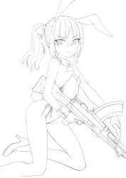 Rule 34 | 1girl, animal ears, aohashi ame, breasts, bren lmg, chinese zodiac, fake animal ears, fake tail, glasses, gun, hair ribbon, high heels, highres, leotard, light machine gun, lineart, long hair, looking at viewer, looking to the side, monochrome, neckerchief, open mouth, perrine h. clostermann, ponytail, rabbit ears, rabbit tail, ribbon, rifle, sketch, small breasts, solo, strike witches, tail, weapon, world witches series, year of the rabbit