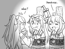 Rule 34 | 3girls, ahoge, bound, chain, chained, closed eyes, commentary, eating, feeding, flying sweatdrops, food, food on face, greyscale, guin guin, hair flaps, hair ornament, hairclip, holding, holding lantern, kantai collection, lantern, lock, long hair, monochrome, multiple girls, neckerchief, remodel (kantai collection), sailor collar, school uniform, serafuku, sharing food, shigure (kancolle), tied up (nonsexual), yamakaze (kancolle), yuudachi (kancolle)